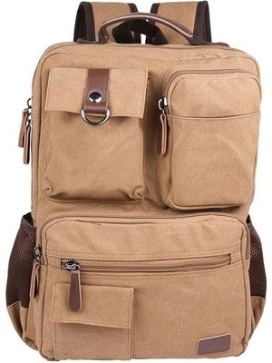 Karokstore Kanvas Kumaş Okul ve Günlük Laptop Bölmeli Sırt Çantası Bej