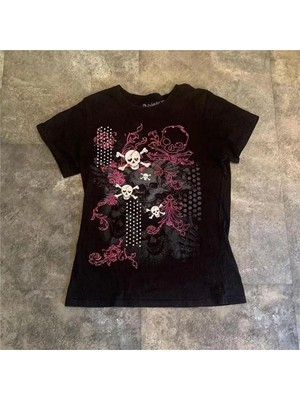 Köstebek Siyah Gothic Skulls Full Body Y2K Kısa Kollu Crop