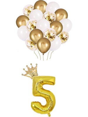 Karokstore 5 Rakam Folyo Balon, Kral Tacı ve Konfetili Balon