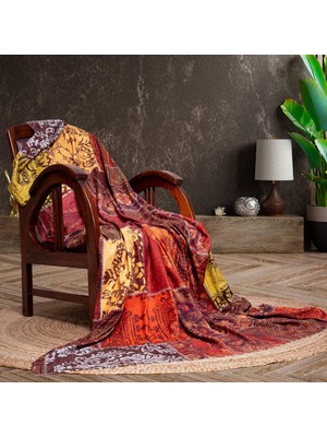 Karokstore Softmicro Koltuk Örtüsü | Çekyat Örtüsü | Koltuk Şalı | Etnik Desenli Patchwork Kaymaz | Kiremit 130X180 cm