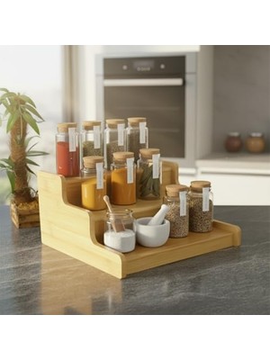 Karokstore 3 Katlı Doğal Bambu Baharatlık Rafı | Çok Amaçlı Mutfak ve Banyo Düzenleyici | Merdiven Tipi Tezgah Üstü Organizer | 24X22X11 cm