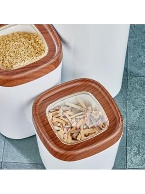 Karokstore Erzak Saklama Kabı 3lü Set Ahşap Kaplama Kapak Renkli Hazne 1,8lt - 1lt - 600ML Koyu Ahşap