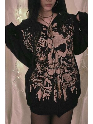 Kara Kedi Siyah Gotik Skull Baskılı Pamuk Kapüşonlu Hırka Oversize Günlük Tarz
