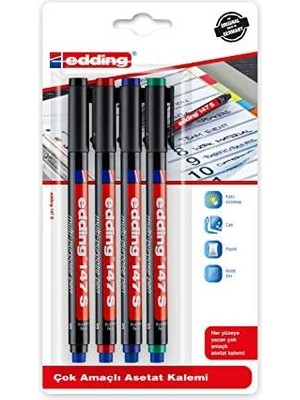 Karokstore Edding ED147B499 Silgili Asetat Kalem 0.3mm 4'lü Karışık Siyah/kırmızı/mavi/yeşil