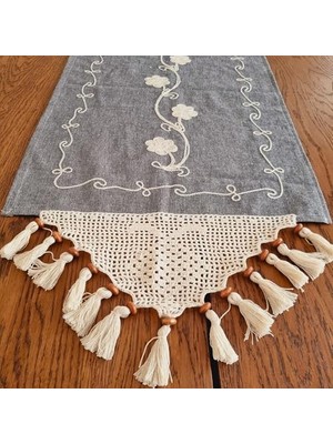 Karokstore Uçlu Nakışlı Buldan Bezi Runner – Püsküllü, Otantik ve Şık, El Örgüsü ile Zenginleştirilmiş Tarz Dekoratif Örtü (Mavi Gri)