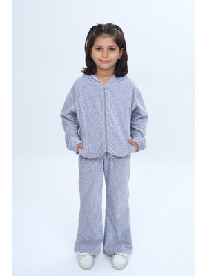 Toontoy Kız Çocuk 2'li Takım Kapüşonlu Fermuarlı Cepli Sweatshirt & Beli Lastikli Bol Paça Eşofman Altı - Kadife
