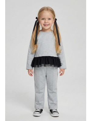 Luess Kız Çocuk %100 Pamuklu Tül Detaylı Düğmeli Gri Alt Üst Takım