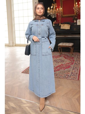 İmaj Butik Mavi Yarım Fermuarlı Cepli Kot Elbise