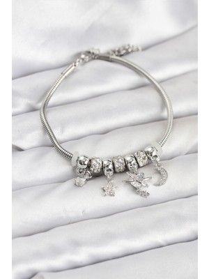 Callerrons Accessories Pirinç Gümüş Renk Kalpli Model Charmlı Kadın Bileklik - EBJ260109W39033