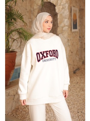 İmaj Butik Ekru Sırt Fermuarlı Üç Iplik Şardonlu Oversize Sweatshirt