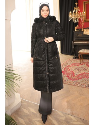 İmaj Butik Siyah Büyük Beden Kapüşonlu Şişme Mont