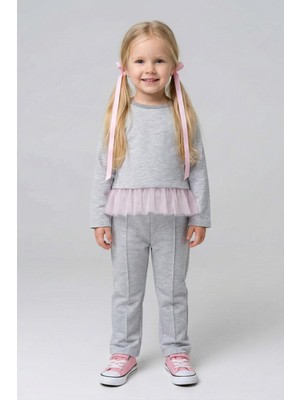 Luess Kız Çocuk %100 Pamuklu Tül Detaylı Düğmeli Gri Alt Üst Takım