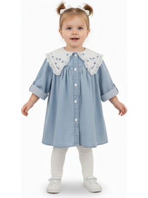 Butik Kız Bebek - Çocuk Çiçekli Yaka Detaylı Kot Elbise