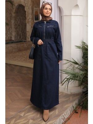 İmaj Butik Lacivert Yarım Fermuarlı Cepli Kot Elbise