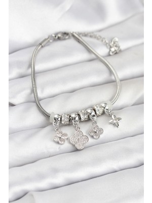 Callerrons Accessories Pirinç Gümüş Renk Yonca Model Kadın Bileklik - EBJ260109W39051