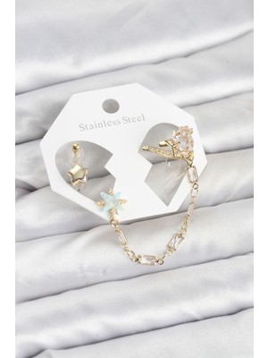 Callerrons Accessories Yıldız Model Pirinç Gold Renk Zincir Bağlantılı Ear Cuff Küpe Seti - EBJ260109W38946
