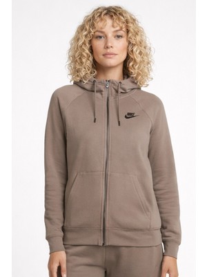 Nike Sportswear Essential Fleece Full Zip Hoodie Kadın Kapüşonlu Sweatshirt Kahverengi