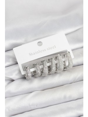 Callerrons Accessories Çelik Gümüş Renk Zirkon Taşlı Damla Halka Küpe Seti - EBJ260109W38961