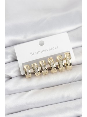 Callerrons Accessories Çelik Gold Renk Zirkon Taşlı Halka Küpe Seti - EBJ260109W38962