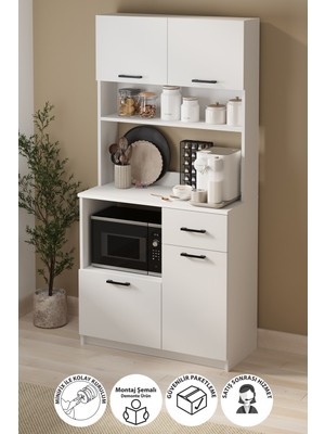 Bofigo 4 Kapaklı Dolap Çekmeceli Çok Amaçlı Dolap Mutfak Dolabı Kahve Köşesi Kiler Aybüke Beyaz