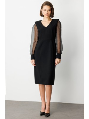 Ekol Kolları Taşlı V Yaka Midi Elbise 26KEKL04025