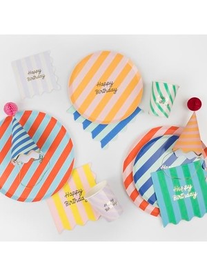Karokstore - Stripe Happy Birthday Dinner Plates - Çizgili Happy Birthday Tabaklar (L) (X8)