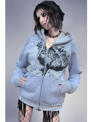 Kara Kedi Gri Melanj Gotik Wings Tribal Harajuku Y2K Kapüşonlu Unisex Hırka