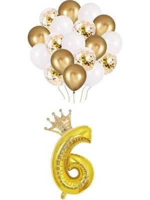Karokstore 6 Rakam Folyo Balon, Kral Tacı ve Konfetili Balon