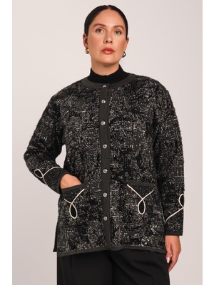 uludağ triko Kadın Siyah Koyu Kahve Tüylü Şerit Aksesuarlı Cepli Triko Anne Hırka