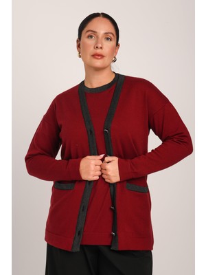 uludağ triko Kadın Bordo Sim Yakalı Düğmeli Rahat Kesim Cepli Triko Hırka