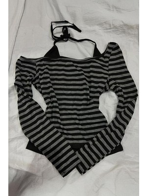 Kara Kedi Siyah Antrasit Gotik Grunge Ek Askılı Açık Omuz Uzun Kollu Crop