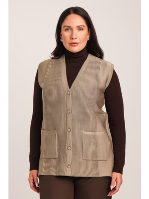 uludağ triko Kadın Kum Çizgi Detaylı Cepli ve Düğmeli Çelik Örme Triko Anne Yelek