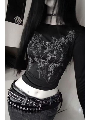 Kara Kedi Siyah Tribal Cross Gotik Y2K Uzun Kollu Crop