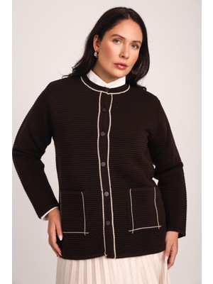 uludağ triko Kadın Kahve Çizgili Dokuma Detaylı Cepli Triko Örme Hırka