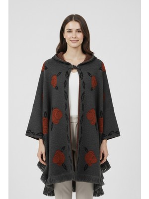 uludağ triko Antrasit Kabartmalı Gül Desenli Kapüşonlu Kadın Panço