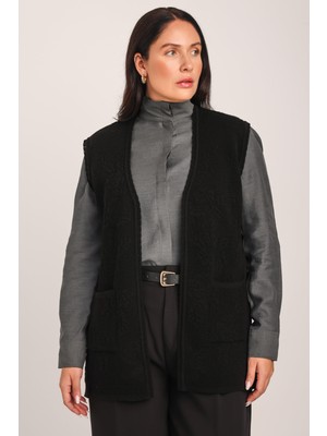 uludağ triko Kadın Siyah Kabartma Çiçek Desenli Cepli Triko Örme Anne Yelek