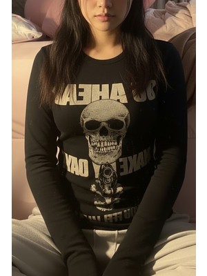 Kara Kedi Siyah Gotik Harajuku Go Ahead Make My Day Y2K Uzun Kollu Crop Crop