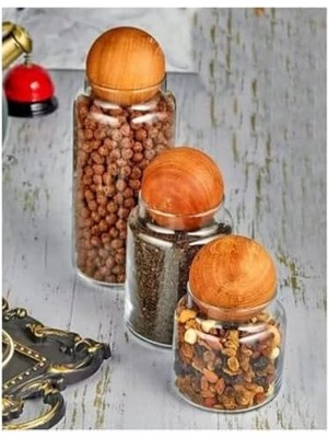 Karokstore 3’lü Ahşap Kapaklı Cam Saklama Kavanoz Seti – Modern Küre Kapak Tasarımıyla Kuruyemiş, Kahve, Şeker ve Baharat Depolama