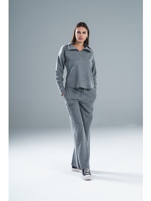 Paw Garage Kadın Selanik Kumaş Dik Yaka Yarım Fermuarlı Pis Dikiş Pantolonlu Alt-Üst Takım