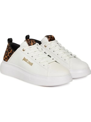 Just Cavalli Kadın Fondo Ursa Dis. 2 Leopar Desenli Kalın Tabanlı Sneaker - Beyaz
