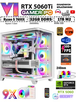Zeiron GTA-VI Elite X40 Ryzen 7600X 32GB 5600MHZ DDR5 Ram 1TB M.2 SSD 8GB RTX5060Ti Sıvı Soğutmalı Premium Oyuncu Bilgisayarı