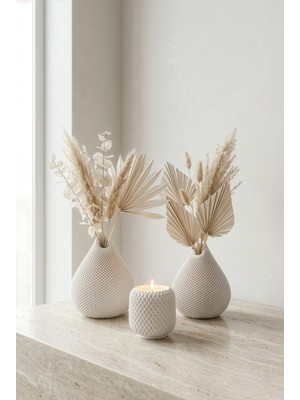 Zuri Design Bohem Damla Şekilli Beton Biblo Seti – Beyaz File Dokulu Modern Dekoratif Tasarım