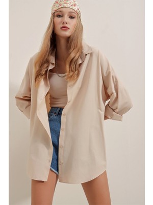3900 Oversize Uzun Basic Gömlek - Krem