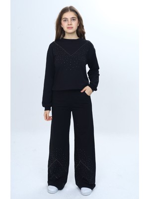 Toontoy Kız Çocuk 2'li Takım Taş Işlemeli Bisiklet Yaka Sweatshirt & Beli Lastikli Bol Paça Cepli Eşofman Altı