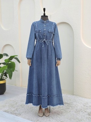 Eteği Püsküllü Tünel Bağcıklı Kot Elbise -Buz Mavi