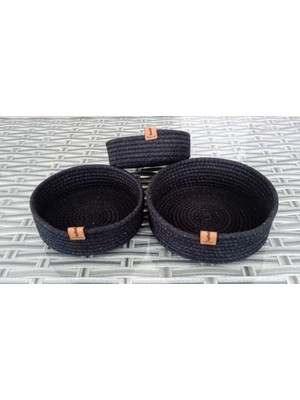 Karokstore Ev Hasır Sepet 3 Adet Yuvarlak Siyah Jüt Kordon Pamuk Ip Örme Sepet Dekoratif Düzenleyici Organizer