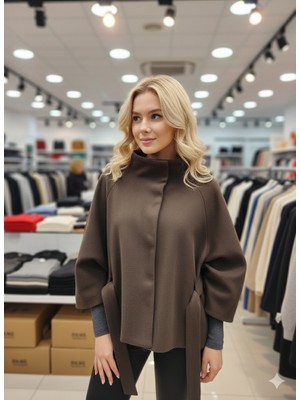 Ribana Classic Kadın Kuşak Detaylı Dik Yaka Düğmeli Pelerin Kaşe Panço