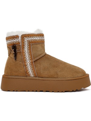 Derimod Kadın Taba Kalın Tabanlı Desenli Süet Deri Teddy Bot 25WFD405410