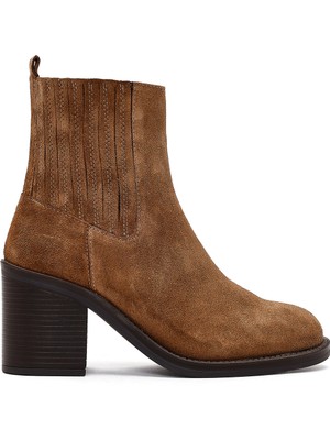 Derimod Kadın Taba Fermuarlı Kalın Topuklu Süet Deri Bot 25WFD511810