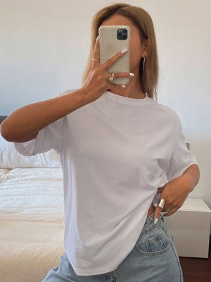 Moda Days Kadın Basic Oversize Tişört Bisiklet Yaka Tok Kumaş Günlük Kullanım